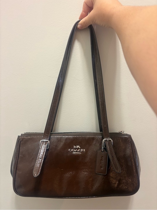 Coach Handbags - Coach Asher Brown Patent Leather Shoulder Bag with Silver Hardware